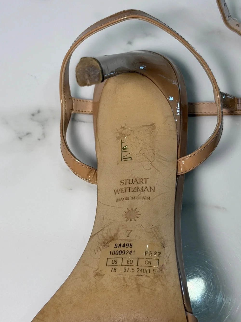 Stuart Weitzman Mykonos Braid Patent Nude Heels Size 7
